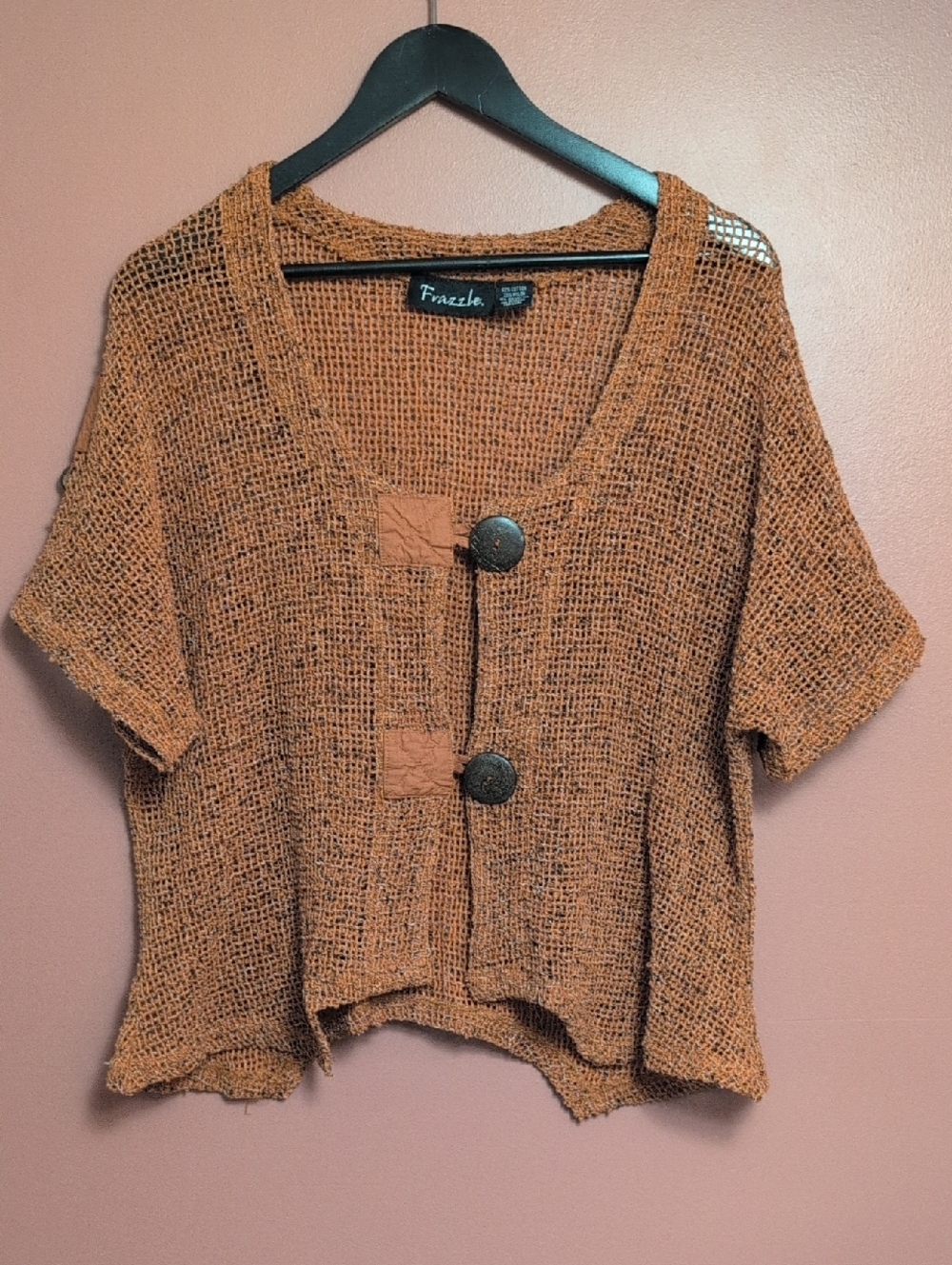 Frazzle Rust Open Knit Short Sleeve Cardigan with Button Front